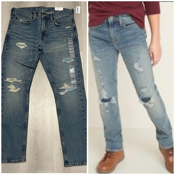 Old Navy Men’ 32x30 Basic Skinny Built In Flex Medium Wash Distressed Jeans NWT - Picture 1 of 14